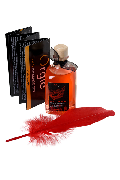 Комплект для сладких игр Orgie Lips (массажное масло для поцелуев, перо) со вкусом клубники (100 мл)