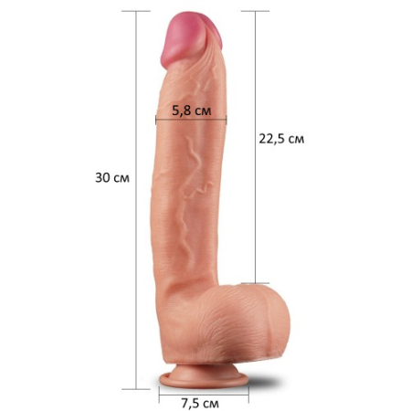 Большой фаллос на присоске с мошонкой Dual Layered Silicone Cock 30 см