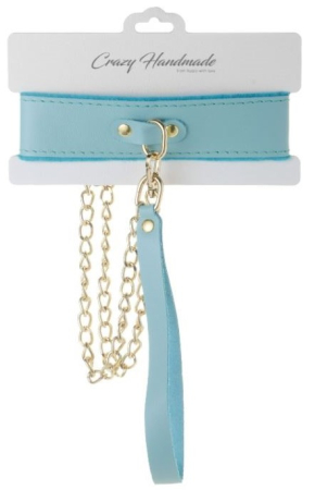 Ошейник с поводком из натуральной кожи голубой