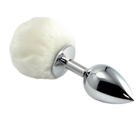 Анальная пробка металлическая с белым хвостиком Bunny Tail Plug S